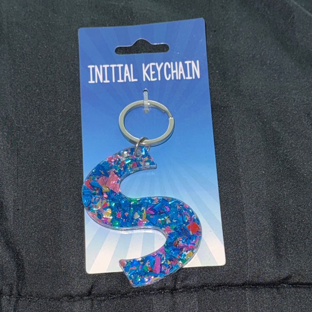 Initial 'S' Resin Keychain with Blue Confetti